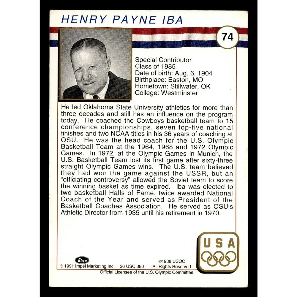 1991 Impel U.S. Olympic Hall of Fame #74 Henry P. Iba Card